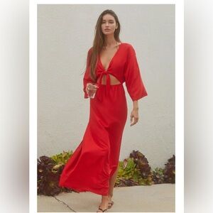 By Anthropologie Vibrant Red Dress with Front Tie Detail
